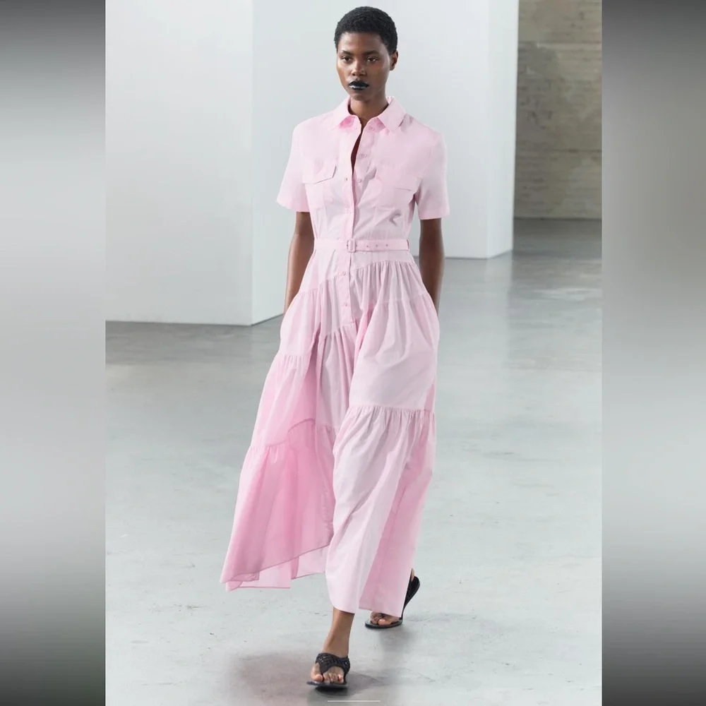 Zara ZW COLLECTION POPLIN SHIRTDRESS, pastel  pink, cotton, tiered